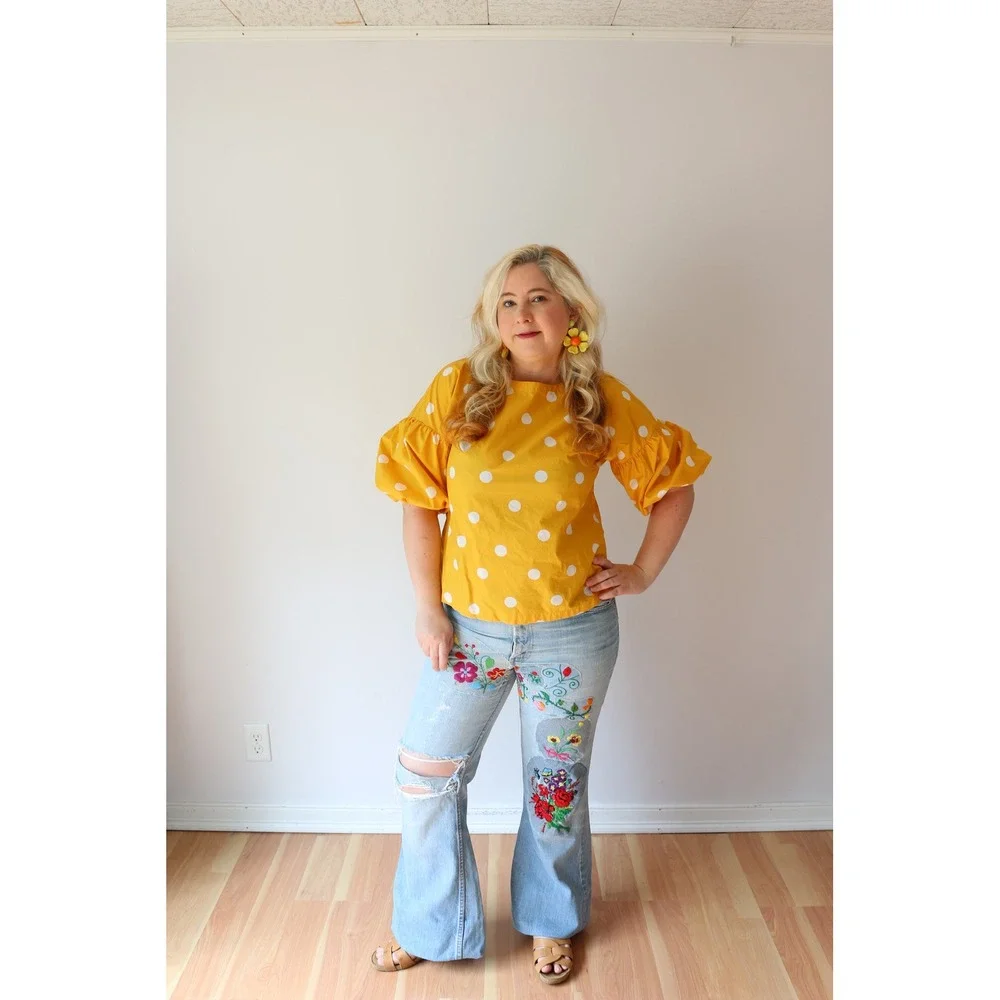 LOFT Polka Dot Blouse Yellow Puff Sleeve Retro Cotton Top Dopamine Mod Sunny M
